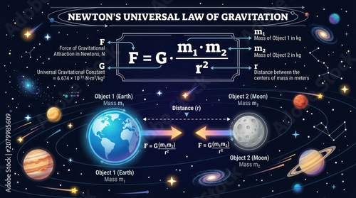 Newton universal law of gravitation infographic with earth and moon in outer space view.