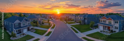 Panoramic aerial view of a peaceful suburban neighborhood at sunset with rows of two-story homes, manicured lawns, sidewalks and a quiet sunlit street