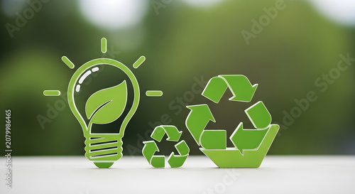 Green lightbulb with leaf and recycling symbols on a table in nature