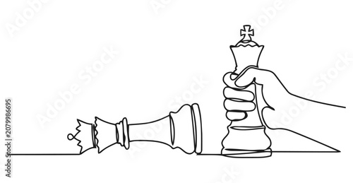 Konstfotografi Continuous line drawing of hand holding chess king piece over fallen opponent