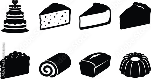 Bakery Dessert Silhouette Collection with Cakes Bread Swiss Roll and Pastry Vector Icons