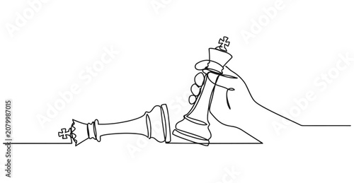 Bild auf Leinwand Continuous single line drawing of hand playing chess with king strategy continuo