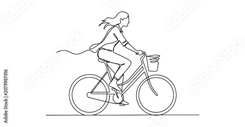 Tableau sur toile Continuous single line drawing of woman riding bicycle with transportation, cont