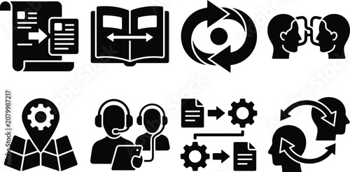 Customer Service and Workflow Silhouette Icon Collection with Support Communication and Process Symbols