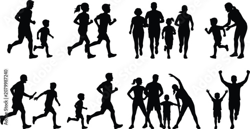 Family Running and Fitness Silhouette Icons Set with Parents Children and Active Lifestyle