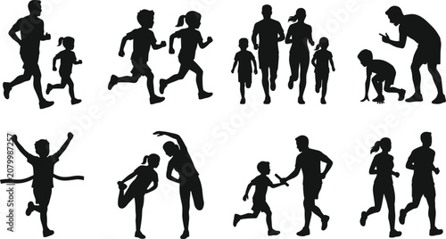 Family Running and Fitness Silhouette Icons Set with Relay Race, Coaching and Warm Up