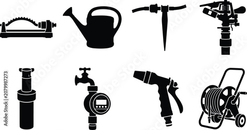Garden Irrigation Equipment Icons Set with Watering Tools, Sprinklers, Hose Reel and Spray Gun