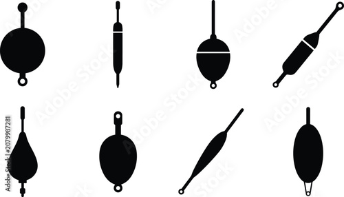 Fishing Float and Bobber Icon Set with Angling Floats, Slip Bobbers and Tackle Silhouettes