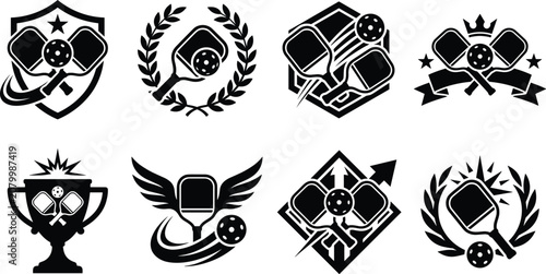 Pickleball Logo Badge Collection with Paddle Ball Trophy Shield and Championship Emblem Designs