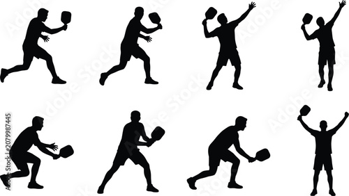 Pickleball Player Silhouette Action Poses Collection with Serving Returning and Victory Vector Icons