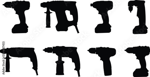 Power Drill Silhouette Collection with Cordless Drill Rotary Hammer and Electric Tool Vector Icons
