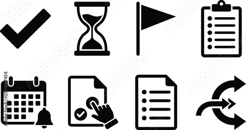 Productivity and Task Management Icons Set with Checklist Calendar Workflow and Document Symbols