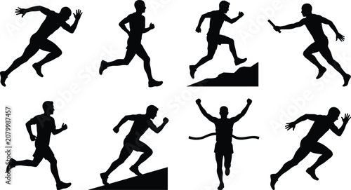 Running and Athletics Silhouette Icons Set with Sprint Relay Marathon and Finish Line Actions