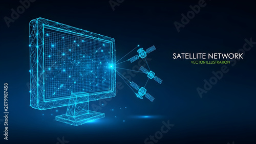 A futuristic illustration of a computer monitor displaying a satellite network with satellites orbiting around it.