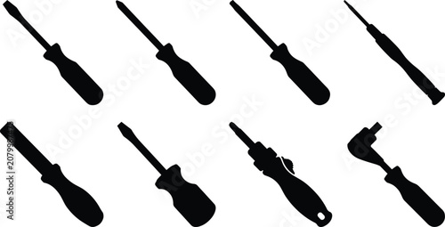 Screwdriver Silhouette Tool Collection with Flathead Phillips Precision and Multi Purpose Hand Tool Icons
