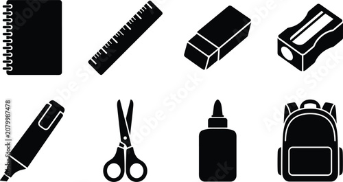 School Stationery Icons Set with Notebook Ruler Eraser Scissors Glue and Backpack