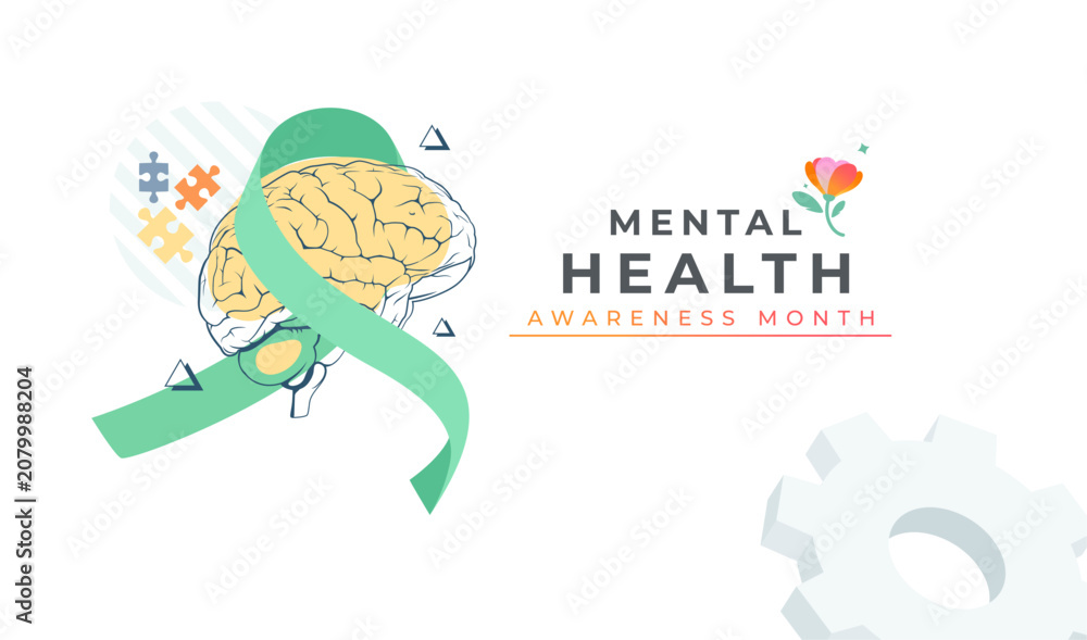 Fototapeta premium Mental Health Awareness Month horizontal background. Features a human brain illustration with a flowing green ribbon, puzzle pieces, and a gear on white space for therapy and wellness support. healthy