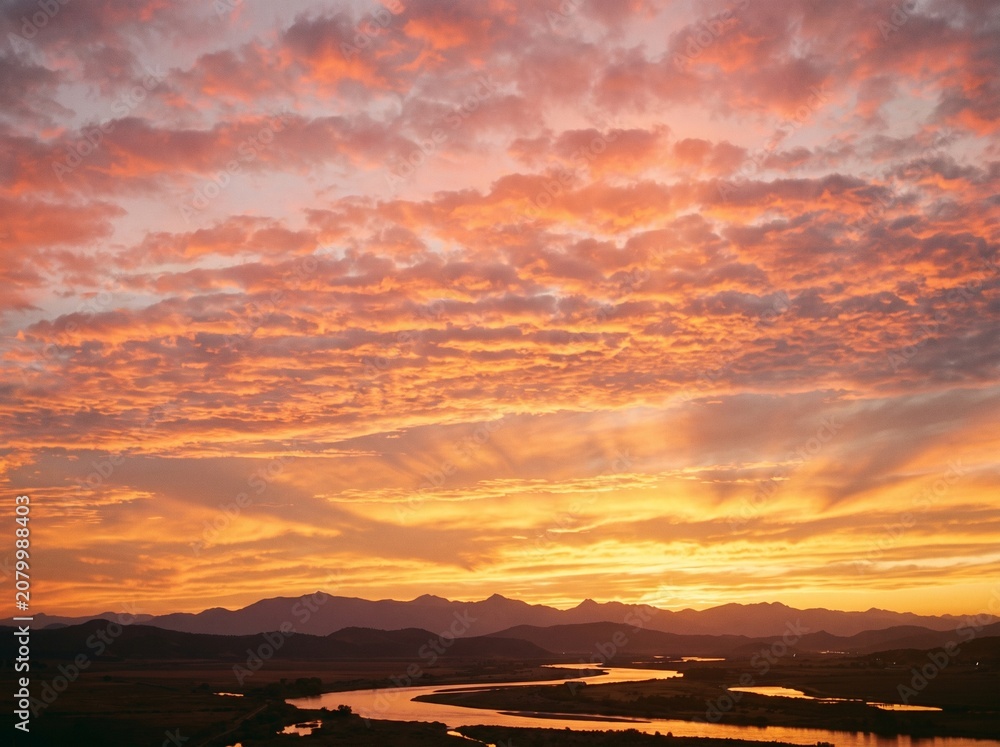 Fototapeta premium Vibrant Sunset Over a Winding River and Distant Mountains.