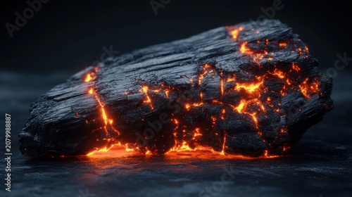 Close-up of a smoldering charred log with glowing molten cracks, radiating intense heat and an ominous, dramatic atmosphere