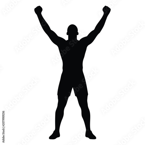 Schilderij op canvas Silhouette of man standing with raised arms in sign of victory and absolute achievement