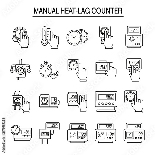 Foto Manual Heat-Lag Counter Icons: Thermometer, Timer, Clock, Thermostat, Gauge, Dig
