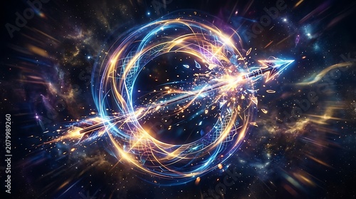 Futuristic abstract energy with penetrating golden arrow abstract particles technology universe