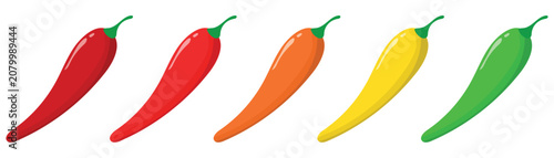Canvastavla Five colored chili peppers arranged in a row from red to green.