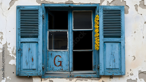A blue shuttered window on an old weathered wall with lettering