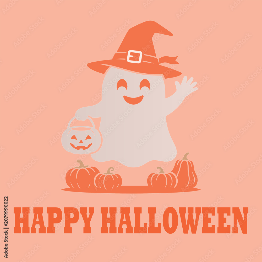 Fototapeta premium Happy Halloween greeting banner with cute ghost wearing witch hat and pumpkins on orange background