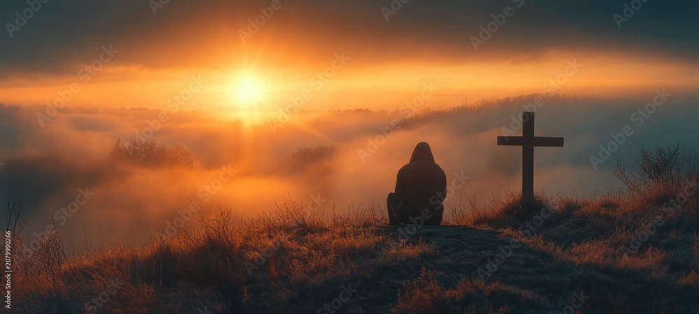 Obraz premium Silhouetted person seated beside a wooden cross on a grassy hill at golden sunrise over misty valleys, evoking quiet contemplation and solemn hope