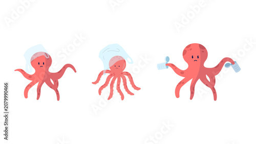 Foto Collection of sad octopuses trapped by human plastic ocean waste with pollution
