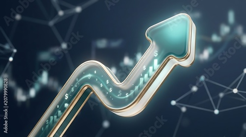 Abstract glowing upward trending financial arrow graph with business marketing technology