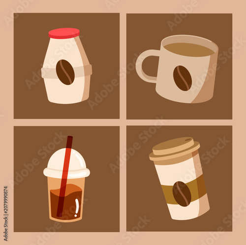 Flat Cartoon Takeaway Coffee Cups and Iced Drinks Illustration