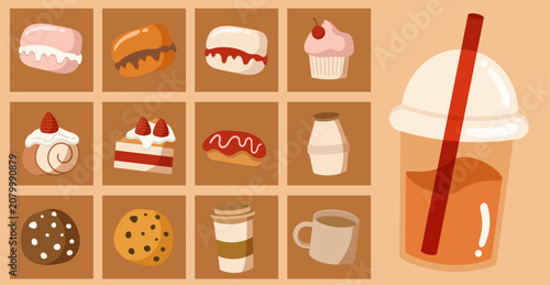 Sweet Bakery Desserts and Cafe Drinks Elements Collection Set