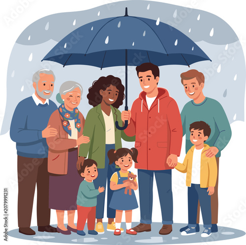 Happy multicultural multi generational family life insurance coverage vector illustration standing under big umbrella safety security concept in rain