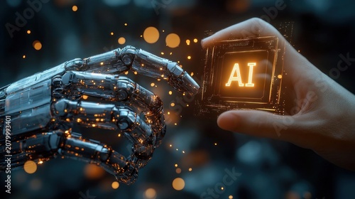 human hand offering glowing ai microchip cube to metallic robotic hand amid floating orange sparks, evoking curiosity and collaborative connection