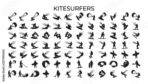 Kitesurfers Silhouettes Set: Black Vector Icons of Kiteboarding Tricks, Jumps and Beach Action
