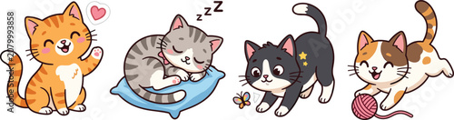 Tableau sur toile Cute happy cartoon kittens sticker set showing various emotions playing sleeping