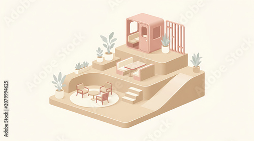 Isometric 3D render of a modern terraced cafe interior design with pastel colors