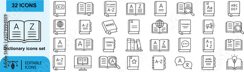 Photos Dictionary and Language Learning Outline Icons Set – A-Z Book, Glossary, Thesaur