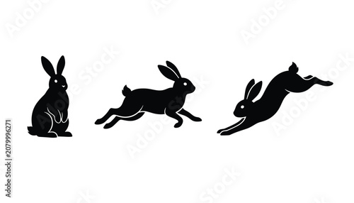 Collection of three black silhouette icons of rabbits in different active poses, including sitting, running, and jumping for animal-themed designs.