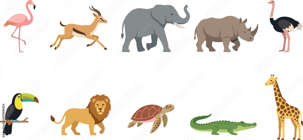 Obraz premium Wild African Safari Animals and Tropical Birds Flat Vector Icon Set with Elephant Lion Giraffe Rhino Gazelle Flamingo Toucan Ostrich Crocodile Turtle
