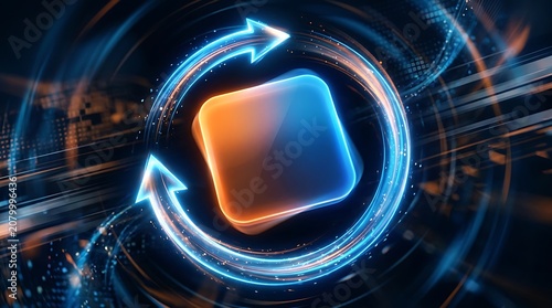 Digital technology square core with glowing circular arrows technology innovation abstract