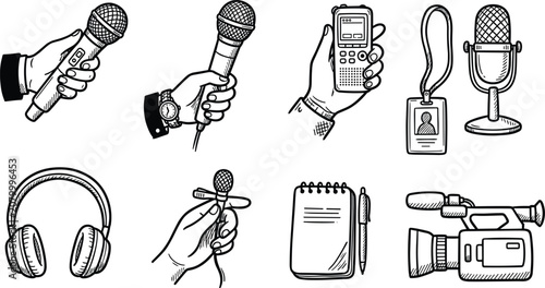 Fotografía Journalism and Broadcasting Interview Line Art Icon Vector Set with Microphone V