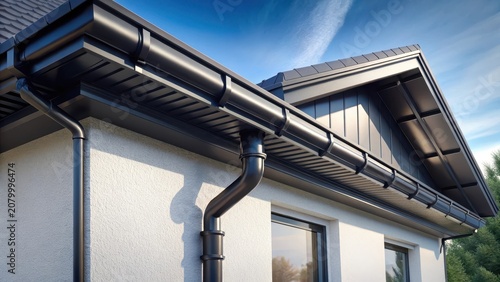 A black seamless gutter contrasting beautifully against a white modern house minimalistic and sharp