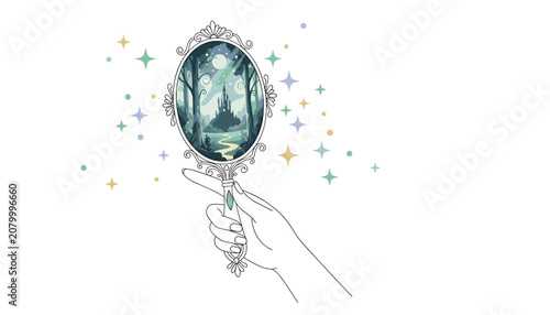 Artistic hand illustration holding a vintage ornate mirror, reflecting a mystical forest and castle scene, surrounded by sparkling star elements.