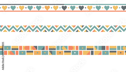 Set of three colorful seamless pattern borders featuring hearts and geometric shapes for crafting invitations and paper projects.