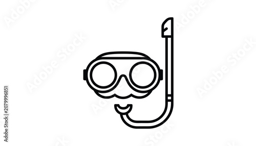 Simple line art icon of a classic scuba diving mask with attached snorkel for underwater swimming and snorkeling activities isolated.