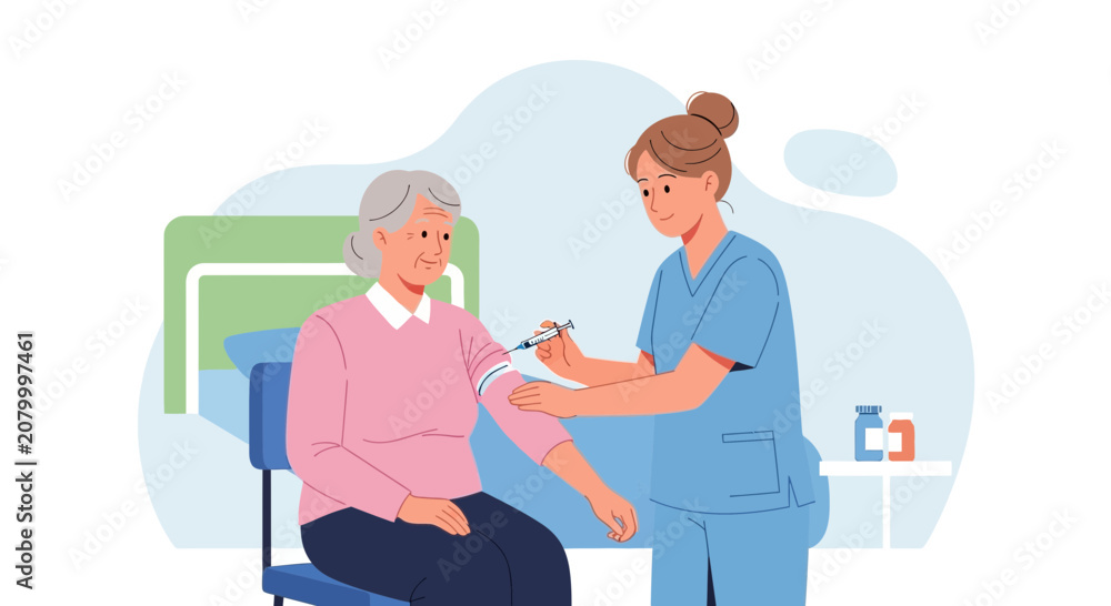 Fototapeta premium Nurse administering vaccine to elderly woman in medical facility