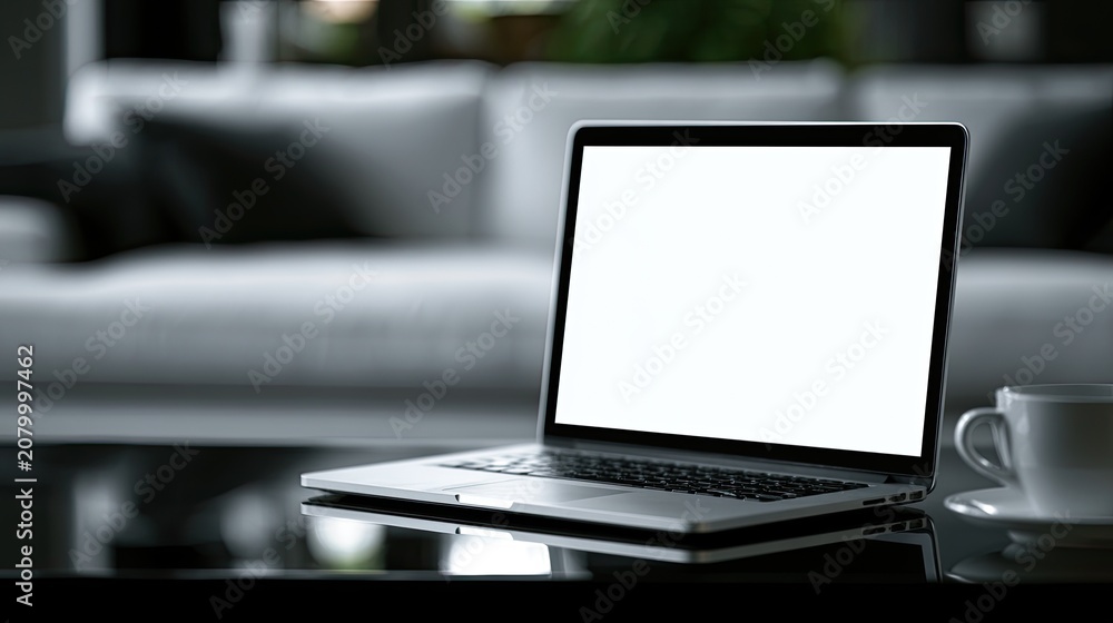 Fototapeta premium A modern laptop with a blank screen sits on a glass table next to a cup of coffee